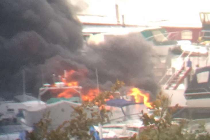 Boats on fire at Borstal Marina in Rochester. Picture: Paul Rudd