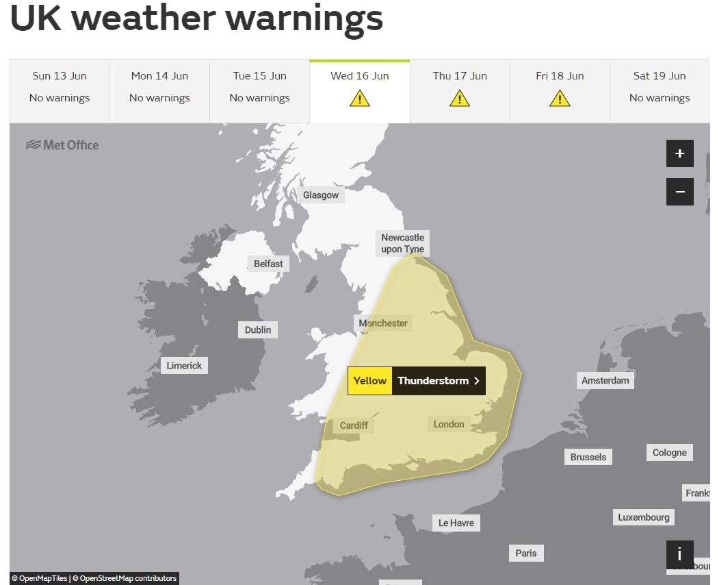 A map showing the Met Office weather warning in place for Kent and much of England next week
