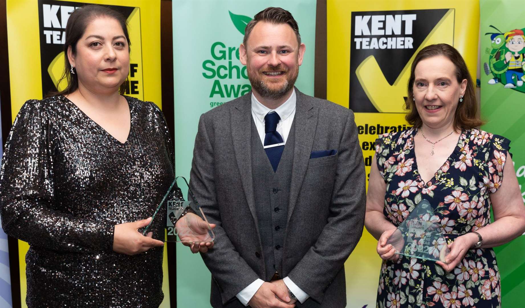 Joint Overall Kent Headteachers of the Year, Renukah Atwell of Grange Park School, Sevenoaks and Kathryn Duncan of Chantry Community Academy. Presented by Ross Miller of Cantium Business Solutions. Picture: Countrywide Photographic