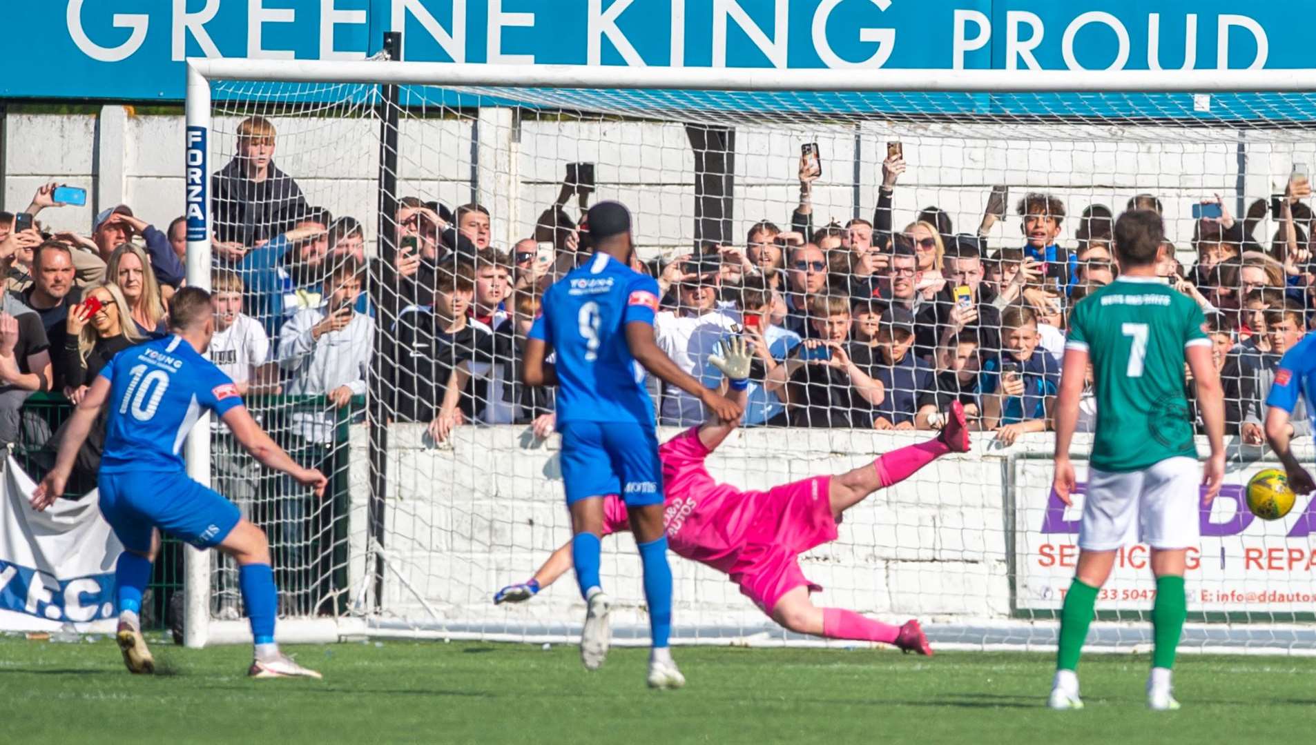 Herne Bay's Aaron Millbank scores to make it 2-0 in the Isthmian South East play-off final at Ashford - his last competitive goal for the club. Picture: Ian Scammell