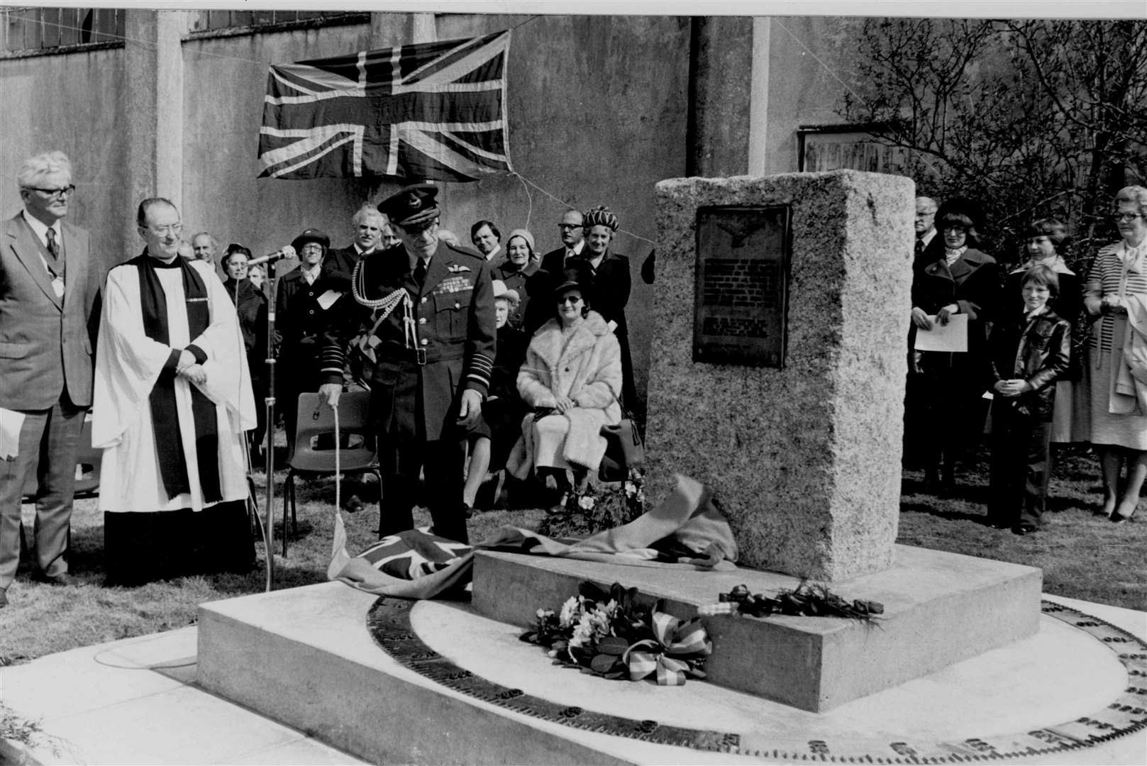 Marshall of the Royal Air Force, Sir William Dickson, unveiled the memorial to the men and women who served at Hawkinge, the nearest aerodrome to the enemy in two World Wars. The memorial was dedicated by the Rev John Chittenden in 1978. The Union Jack is flown upside-down as a sign of distress
