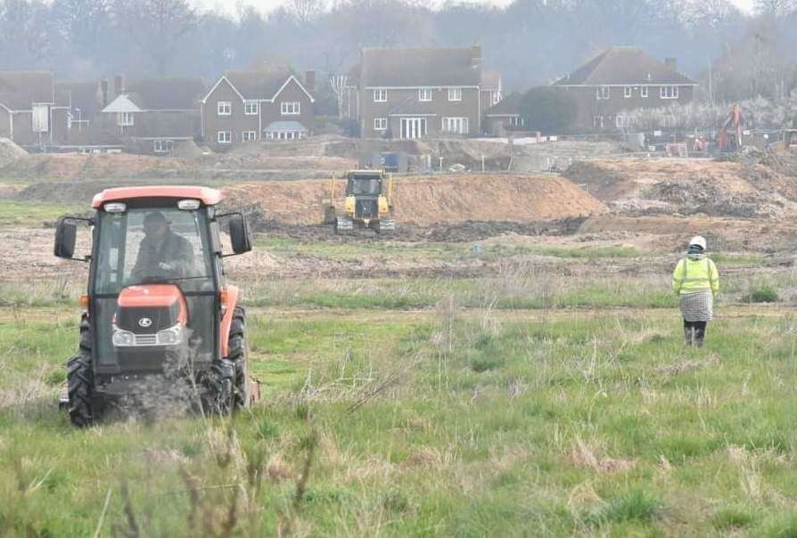 Tractor mowing the fields with ecologist inspecting. Picture: Vivien Smith