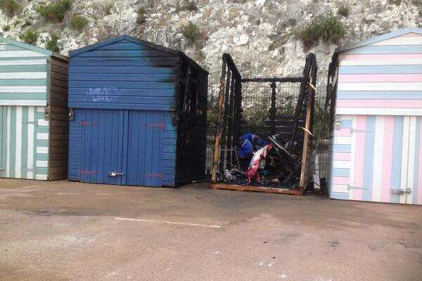 A beach hut was completely destroyed and others damaged. Picture: @TheBroadie