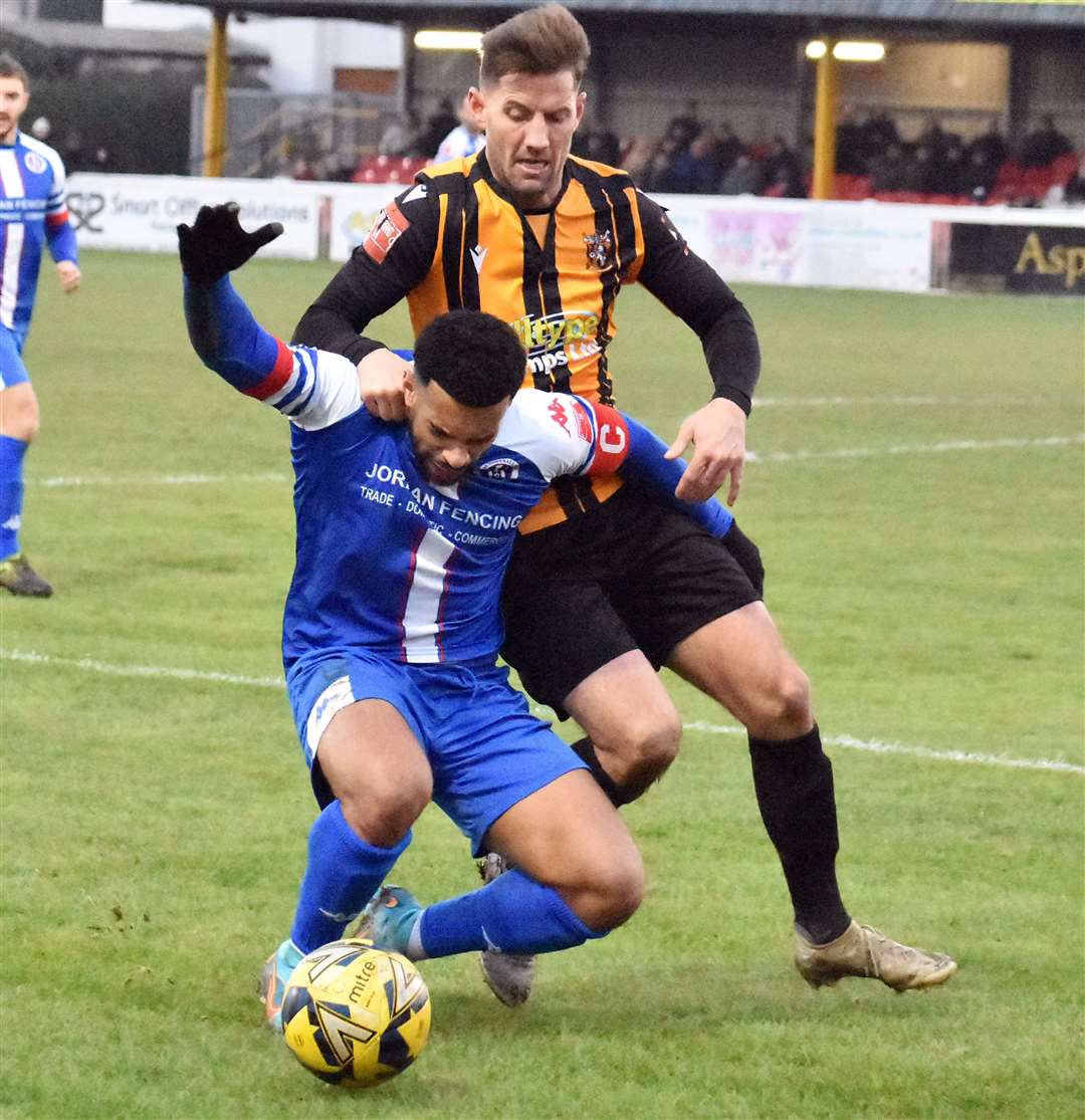 James Rogers during Folkestone's FA Trophy shoot-out loss to Leiston. Picture: Randolph File