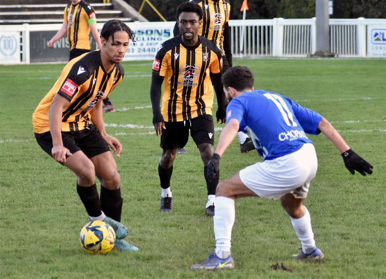 Folkestone winger Jordan Ababio on the ball in last Saturday’s 1-1 Isthmian Premier draw against Wingate & Finchley. Picture: Randolph File