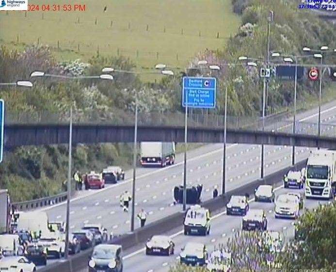 Traffic was held on the M25 after a car overturned on the clockwise carriageway. Picture: National Highways
