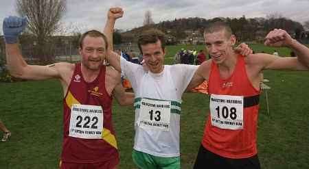 DELIGHTED TRIO: David Law, centre, with Mike Poppy and Tom Collins after the race. Picture: JOHN WESTHROP