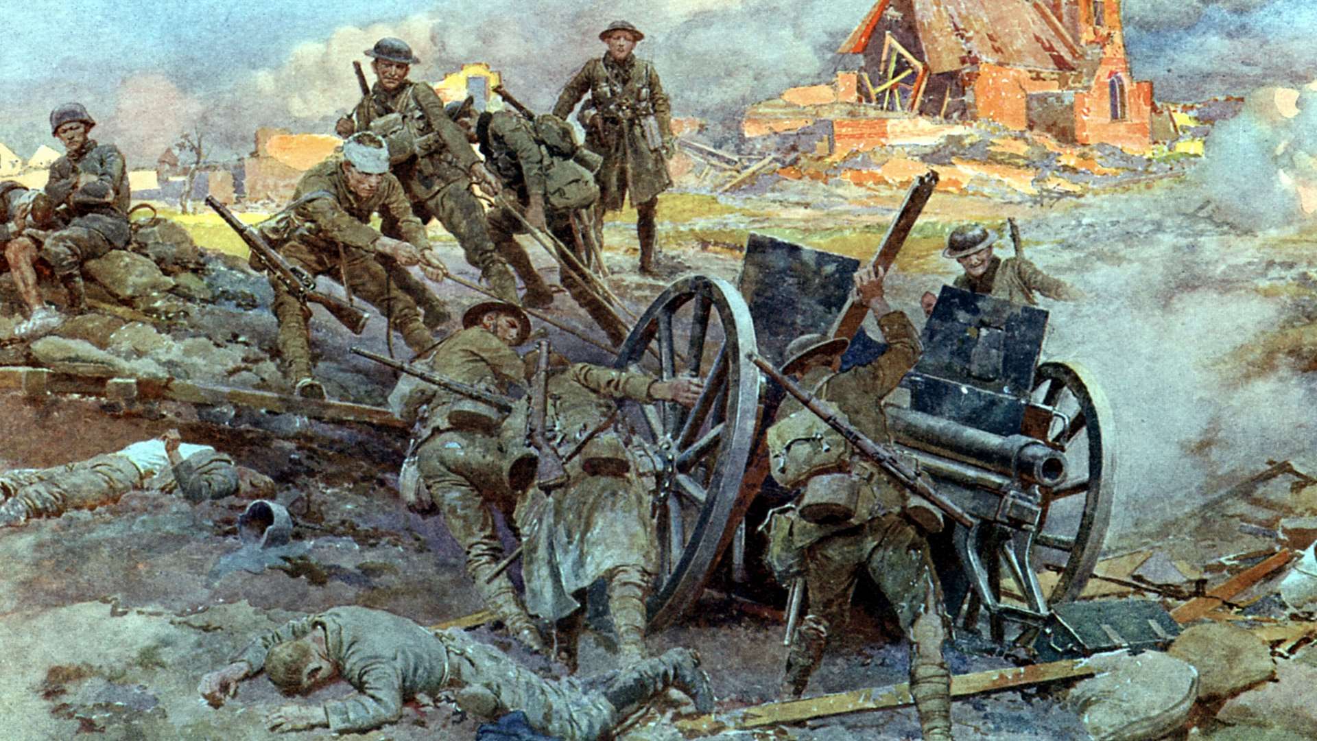 British troops manhandling a field gun, World War I