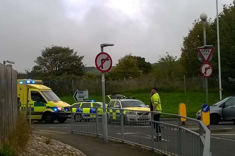 Police and ambulance at the scene on Tram Road this morning. Picture: Lewis Oakley