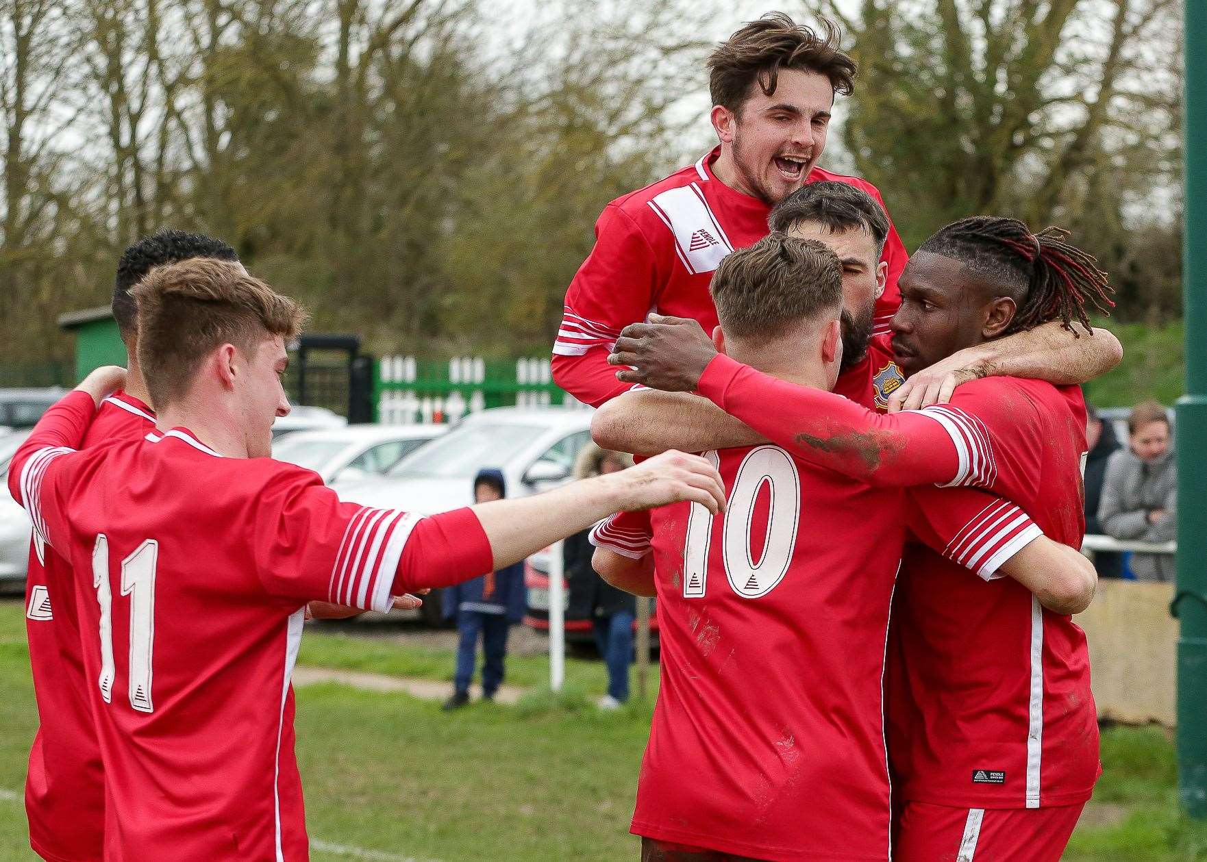 Jefferson Aibangbee celebrates his goal with his team-mates in their weekend 2-1 victory at Sutton Athletic. Picture: Les Biggs