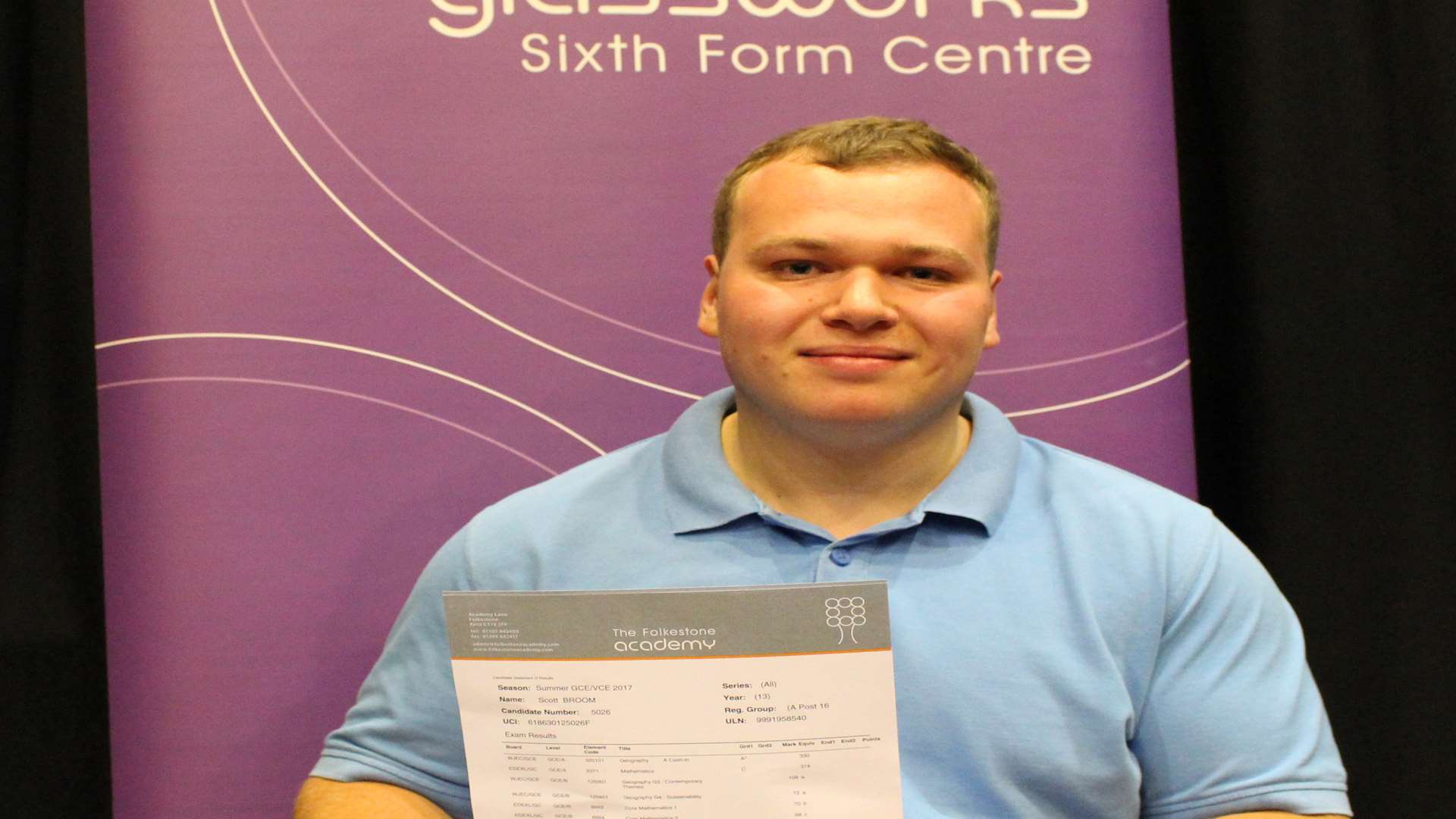 Scott Broom achieved an A*in A Level Geography, a C in A Level Maths, Distinction* in BTEC Business ICT