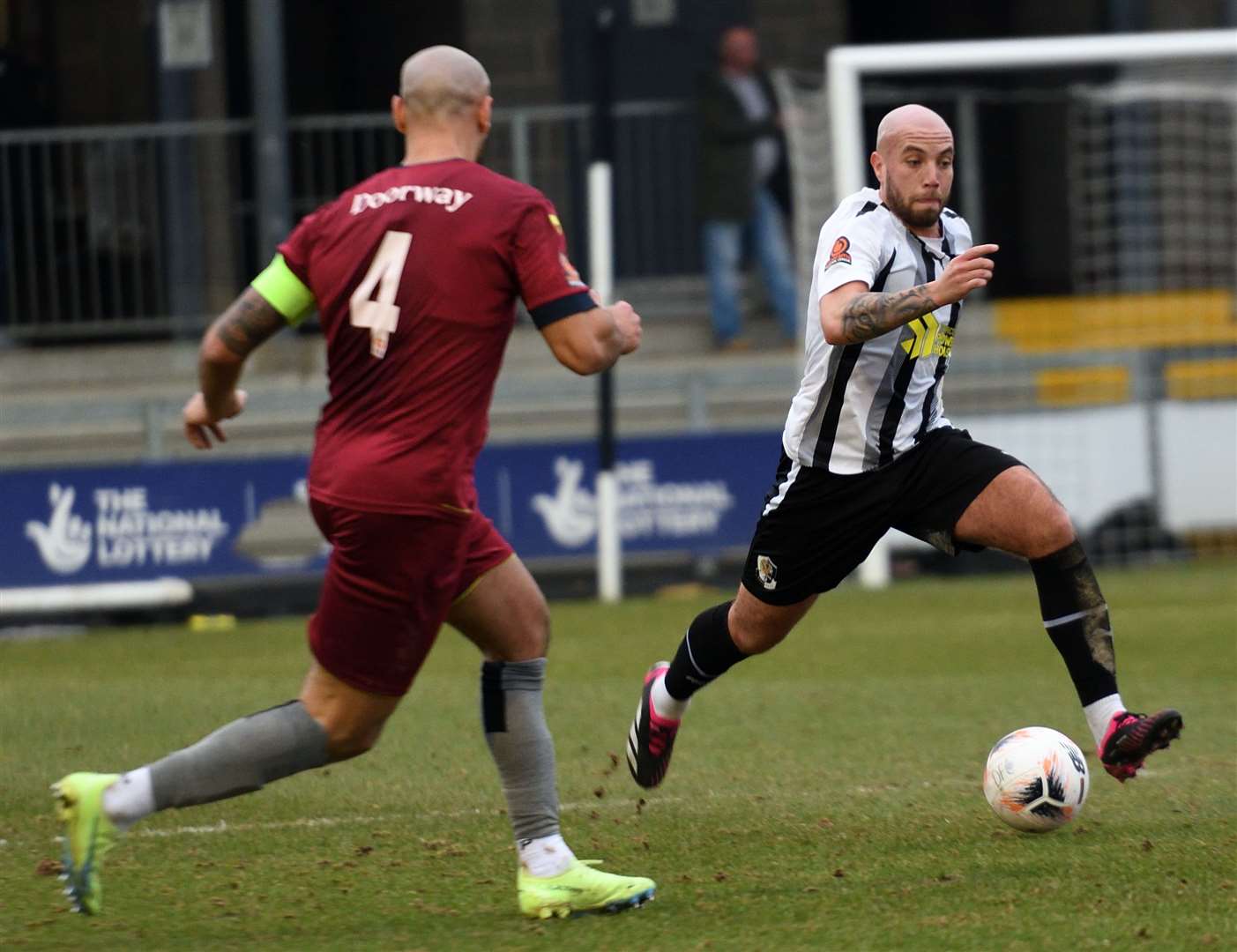 Samir Carruthers looks to find a way through for Dartford. Picture: Simon Hildrew