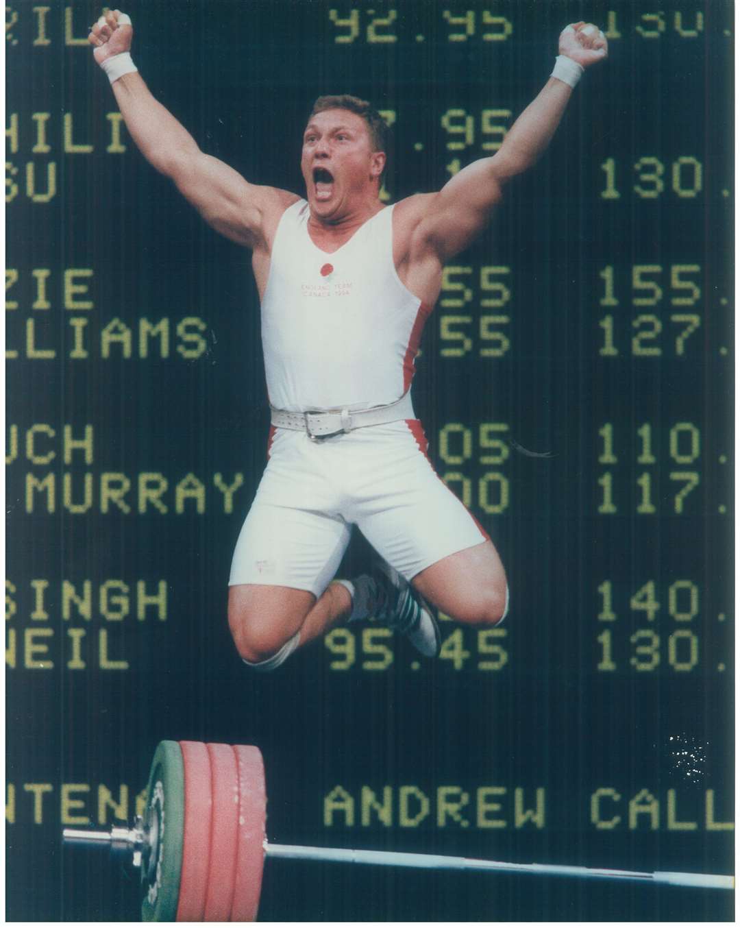 Andrew Callard celebrating a winning lift at the 1994 Commonwealth Games held in Canada