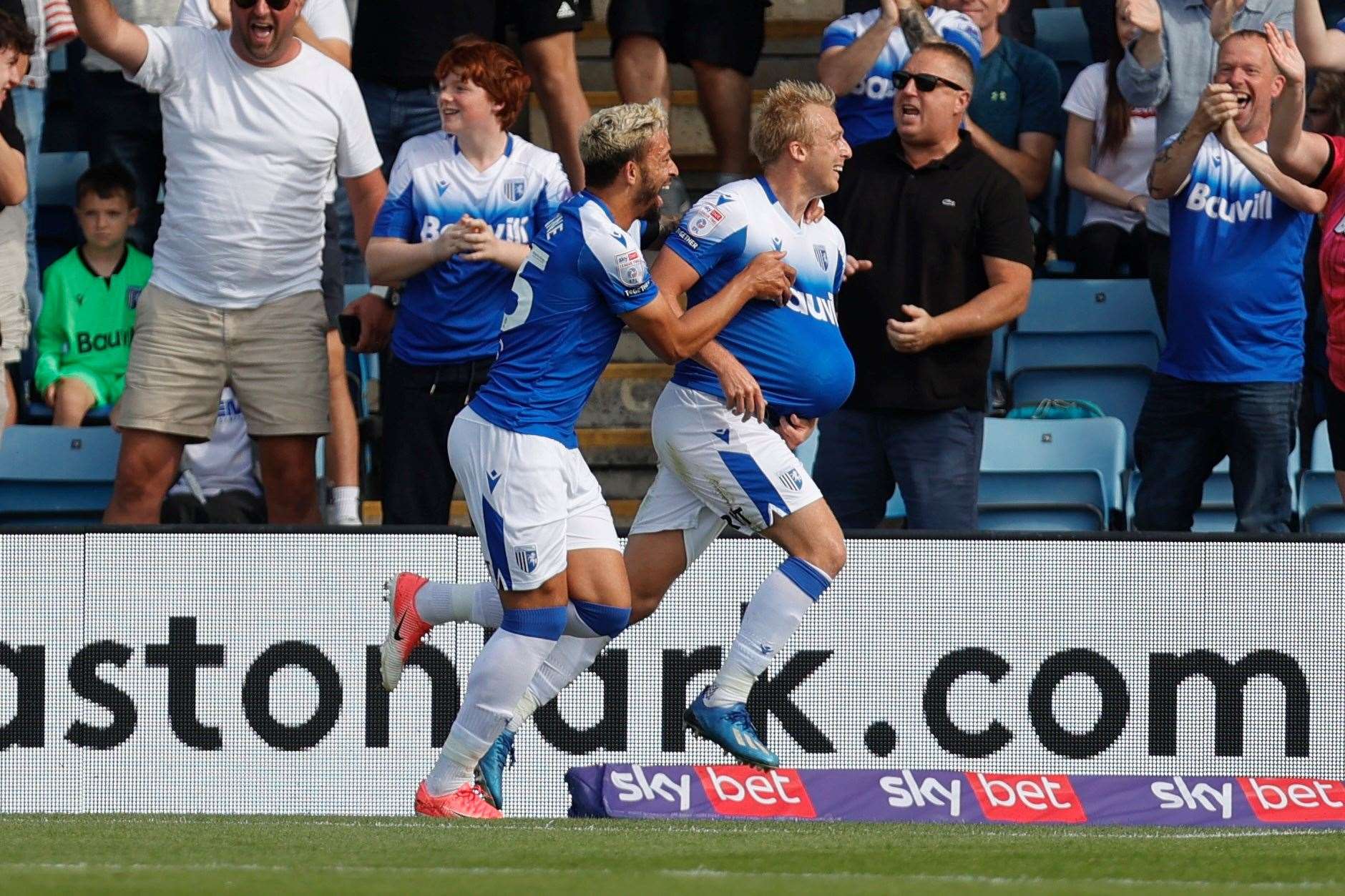George Lapslie and Macauley Bonne celebrate the opening goal for Gillingham against Morecambe Picture: @Julian_KPI