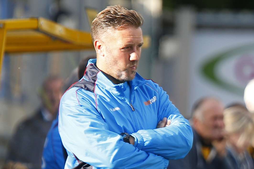 Stones boss Jay Saunders watches on during the 4-2 defeat to Solihull Moors Picture: Andy Jones