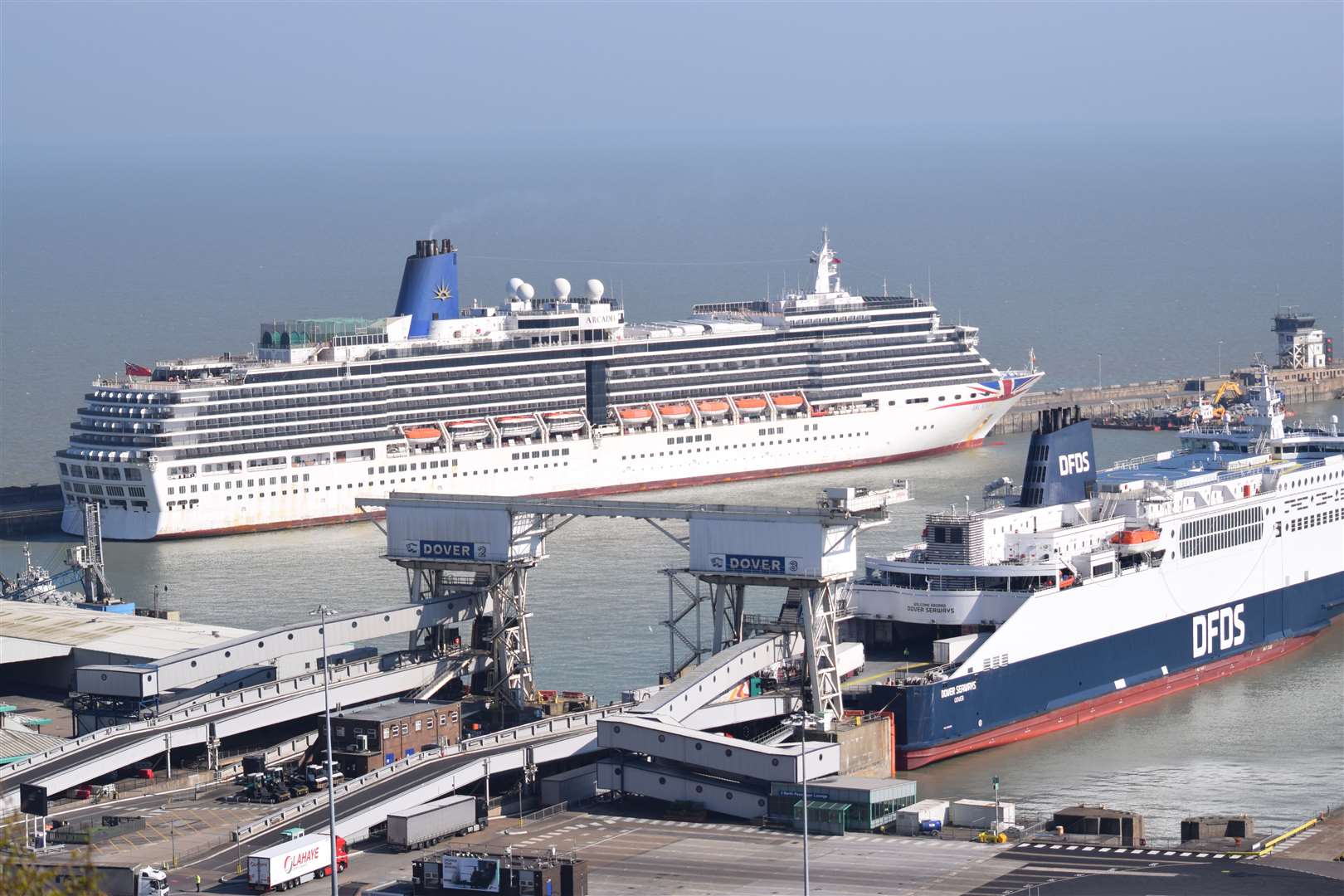 P&O Cruises Arcadia on warm lay up beside the ferry berths at Dover Eastern Docks during the lockdown