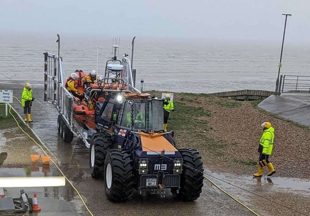 Littlestone RNLI crews recovering the lifeboat after responding to request to search for casualty in the sea