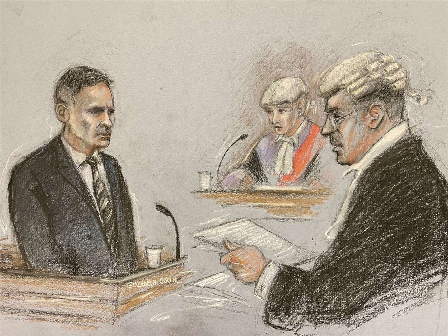 Court artist sketch of Ryan Giggs being questioned in court by his QC, Chris Daw (Elizabeth Cook/PA)
