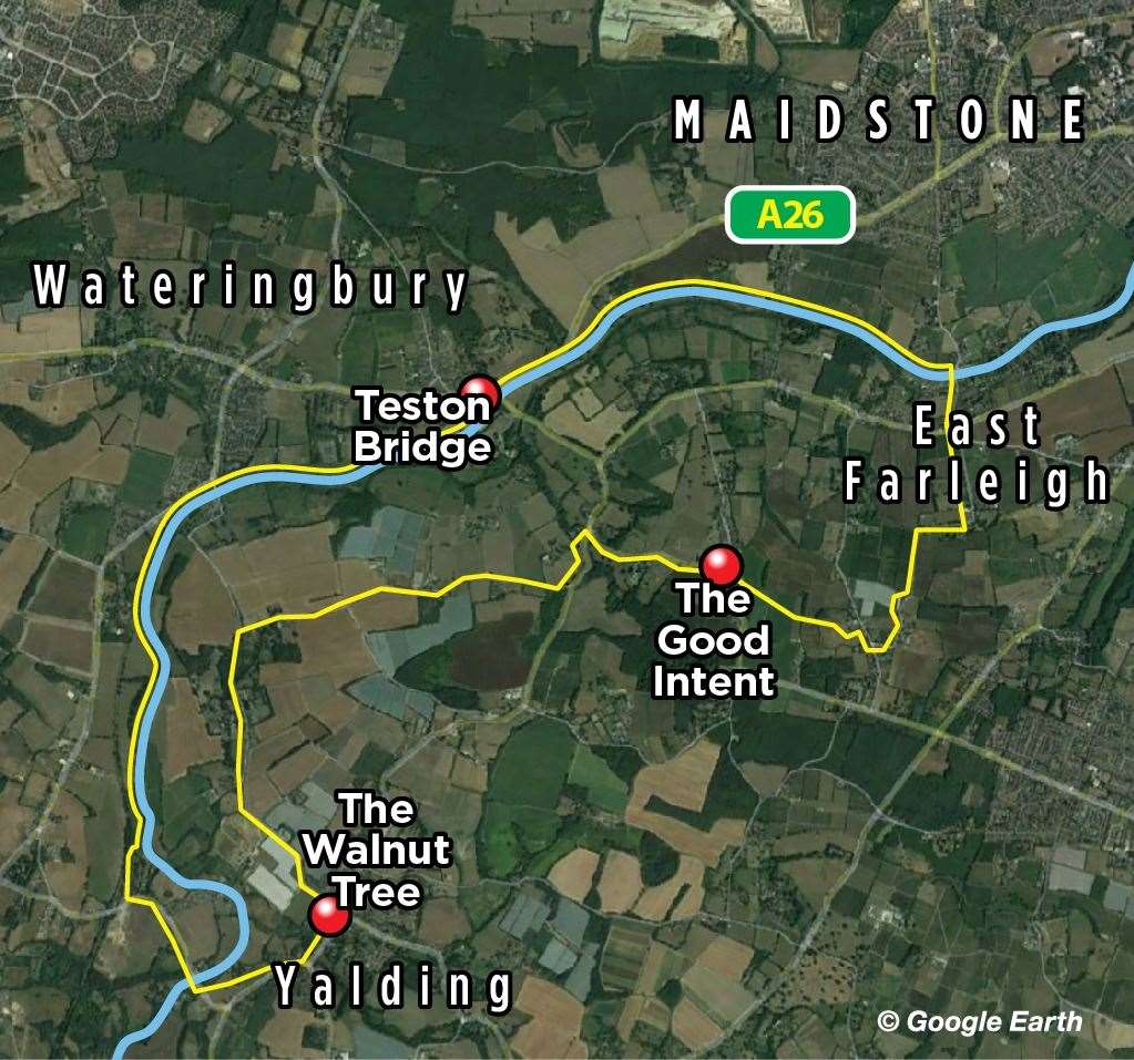 The route of Rhys’s walk along the Medway valley