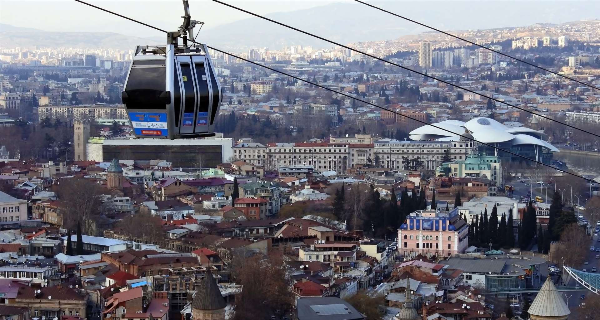 A cable car travels across the old town in the Georgian capital of Tbilisi.
