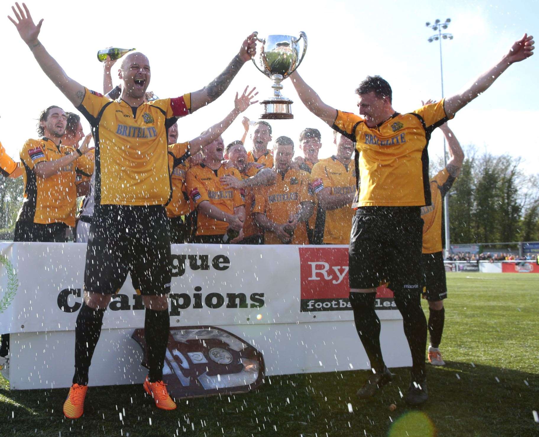 Steve Watt, left, and Alex Flisher celebrate Maidstone being crowned Ryman League Premier Division champions in 2015 Picture: Martin Apps