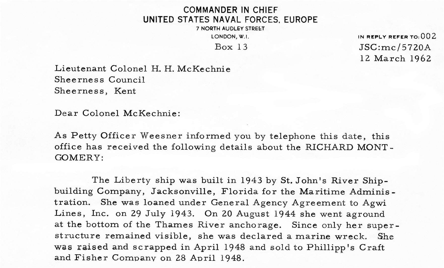 A US Navy letter from 1962 confirming the SS Montgomery has been recovered