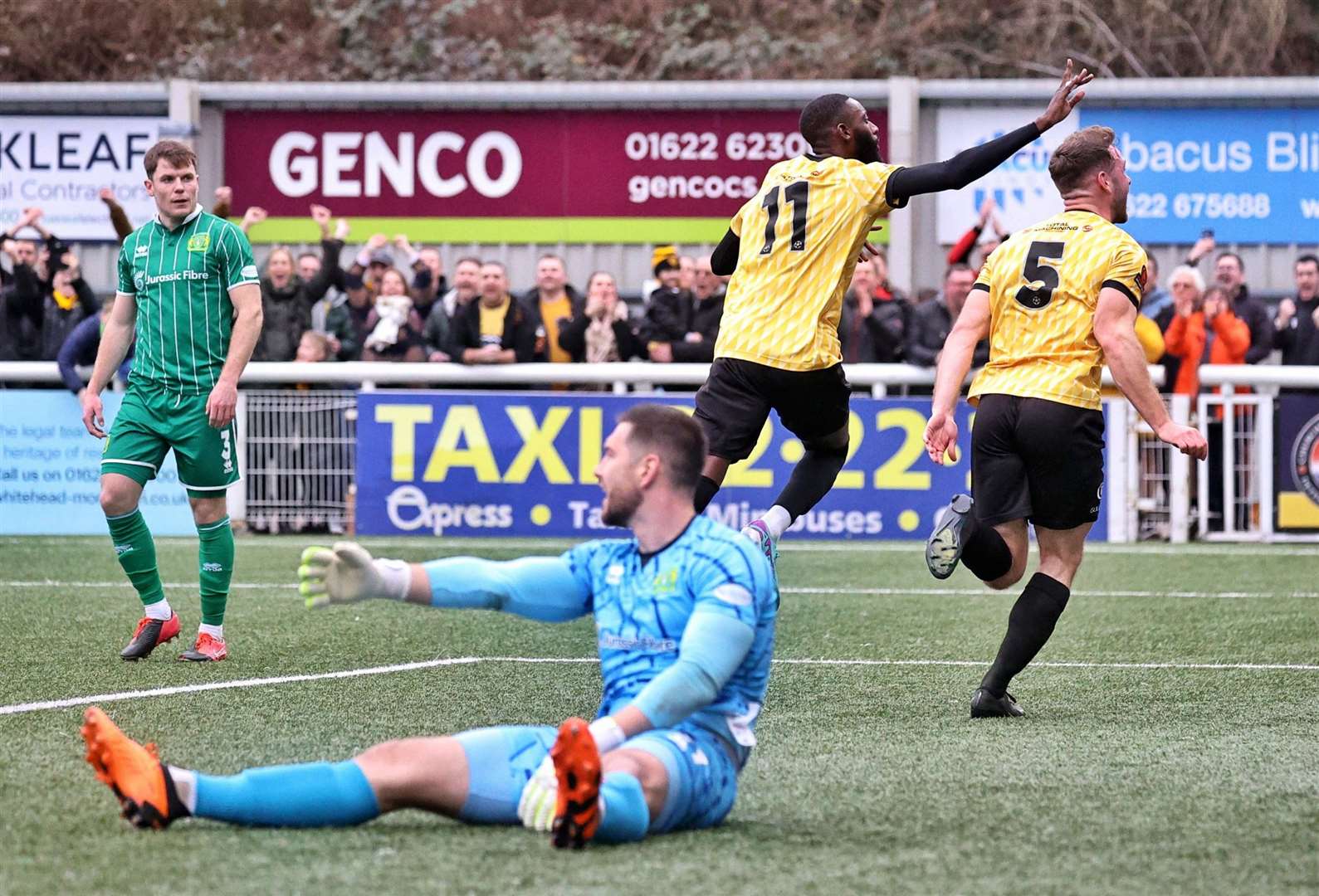 Mo Faal wheels away after putting Maidstone in front. Picture: Helen Cooper