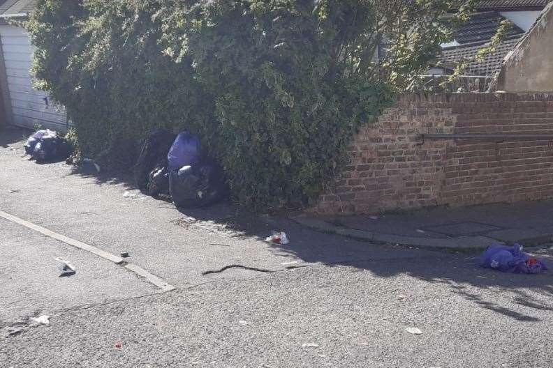 Rubbish left uncollected in the alleyway between Clarendon Street and Clarendon Place, Dover
