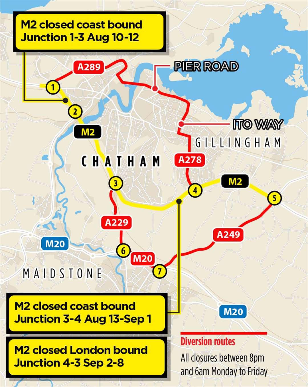M2 closures and the diversions in place from August 10