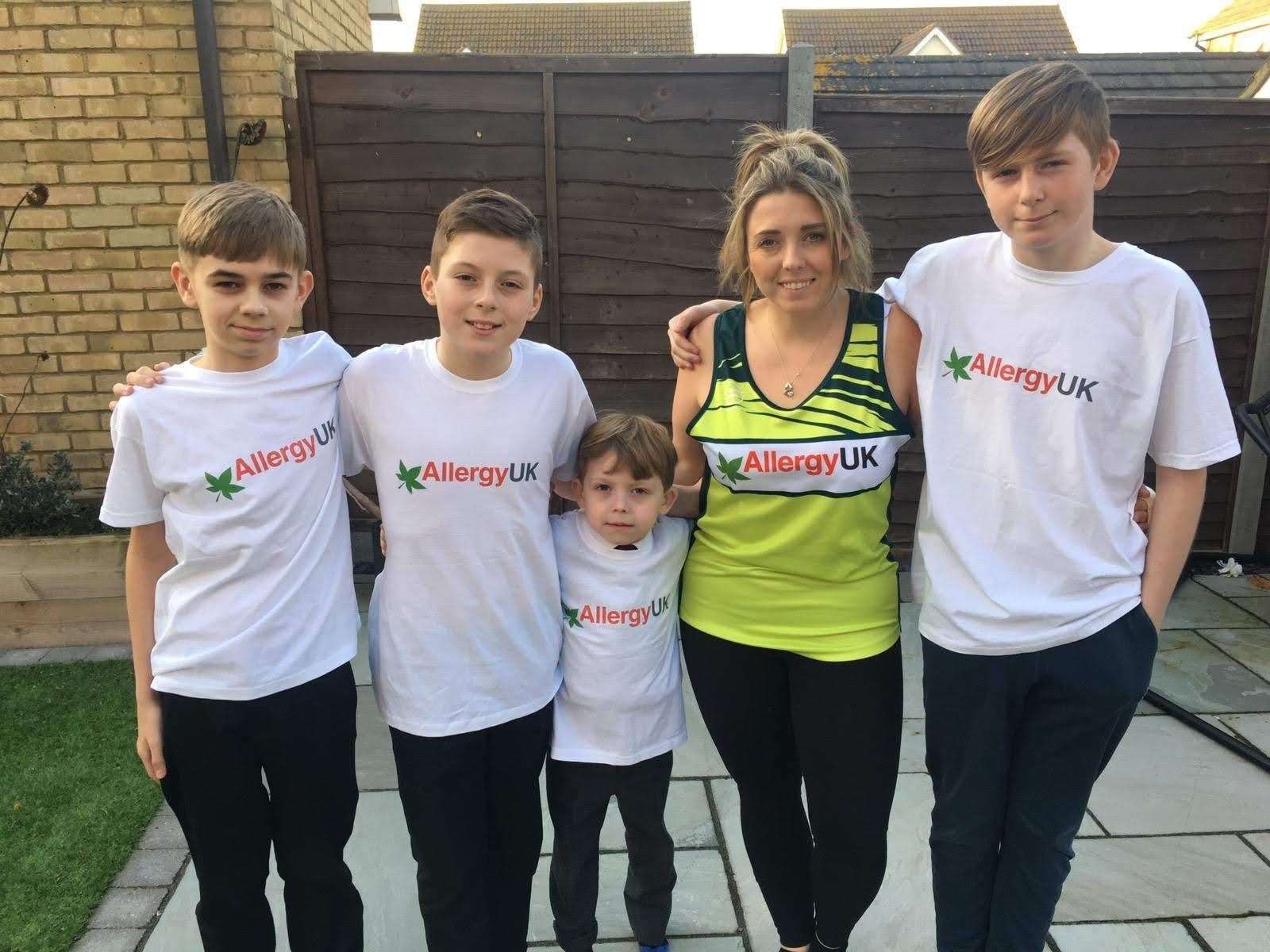 Richard 'Richie' Mills' support team, from the left, Dillon, Connor, Kodie, wife Liz and Callum. Richard is celebrating his 40th birthday by running a marathon along the Sheppey Way at Iwade in aid of Allergy UK for five-year-old Kodie