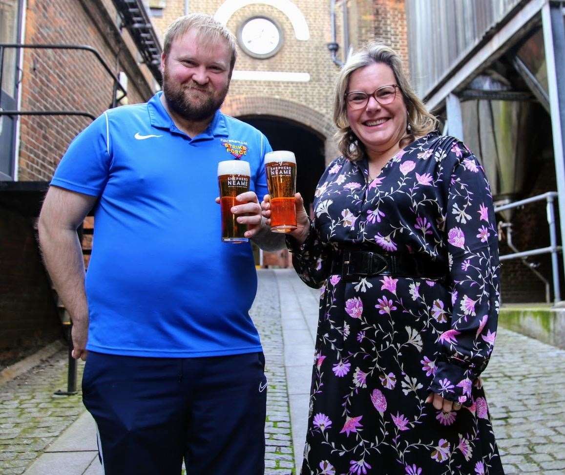 Mike Juden from Faversham Strike Force with Moray Neame at Shepherd Neame's brewery