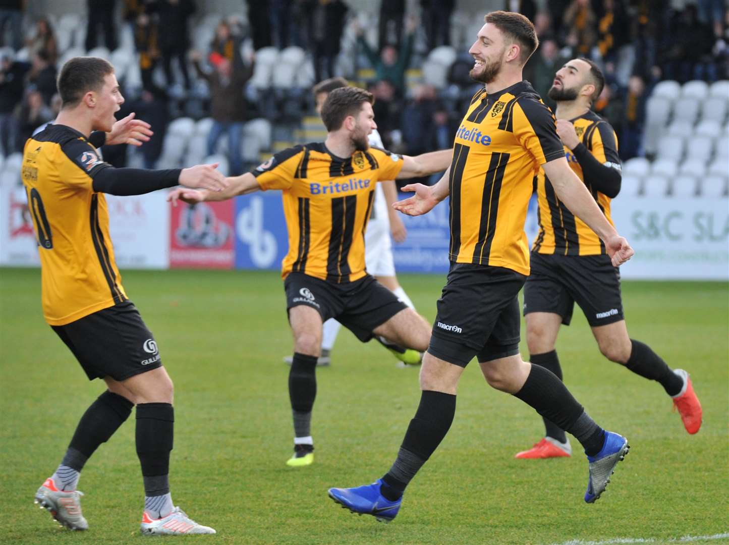 Jake Cassidy celebrates his winner for Maidstone at Boreham Wood Picture Steve Terrell