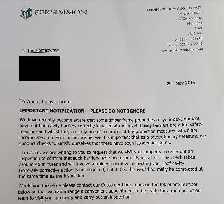 Householders received this letter last Wednesday from Persimmon
