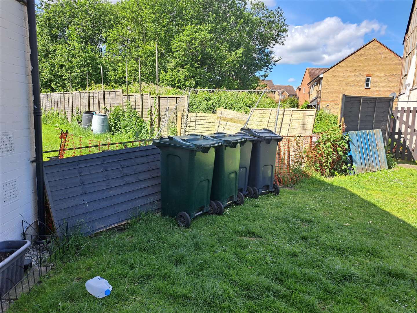 Christine and Sean's fence was completely destroyed during the storm in February, leaving them having to make a temporary one using bins and broken fence panels