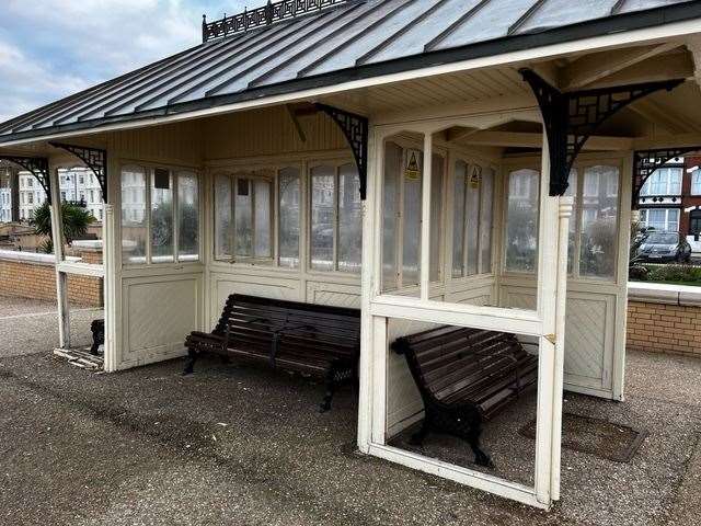 The shelters in Central Parade, Herne Bay, pictured before the benches and windows were removed, are often vandalised