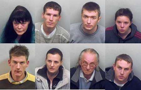 Convicted drug dealers, from top left, Denise Smith, Lee Swift, Michael Spreadbury, Kirsty Powell, Billy Jo Barnes, Lisa Harper, Christopher Hawkins, Ashley Morris.