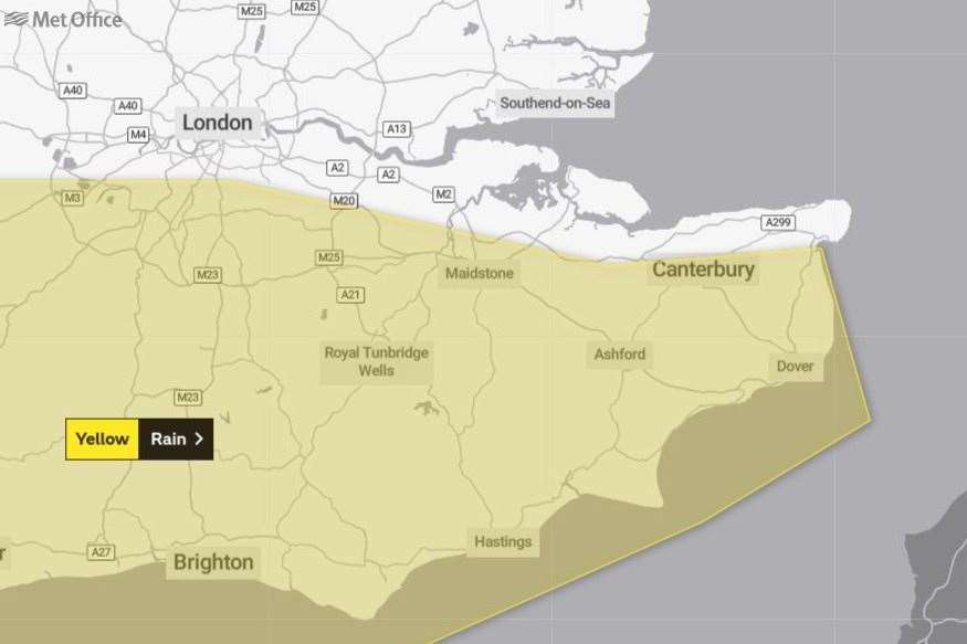 A Met Office weather warning is in place for rain across much of Kent this week. Picture: Met Office