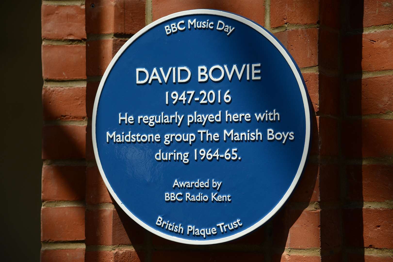 Plaque in tribute to David Bowie - multiple Brit Awards winner - in Maidstone