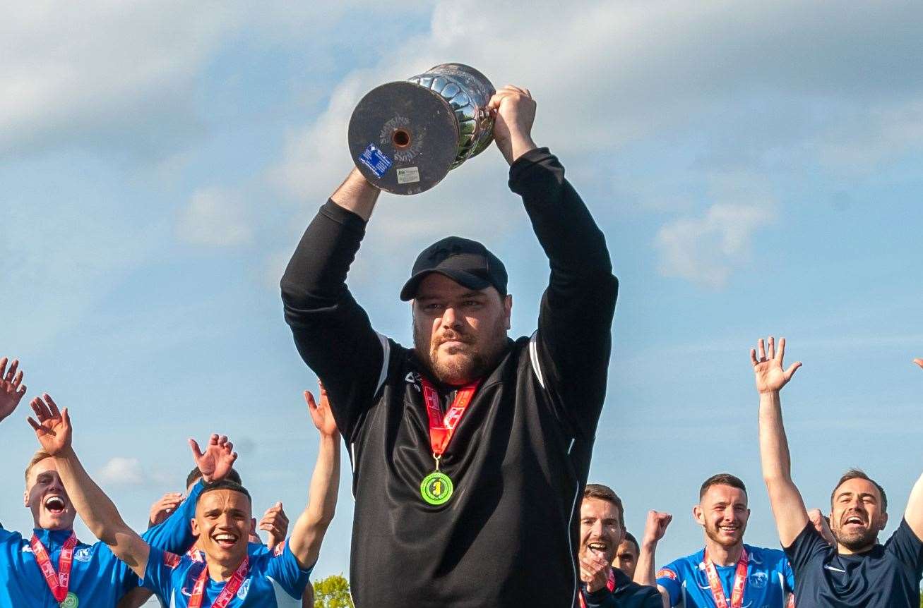 Ben Smith, pictured lifting the trophy after Herne Bay's Isthmian South East play-off success last season, has stood down as the club's manager. Picture: Ian Scammell