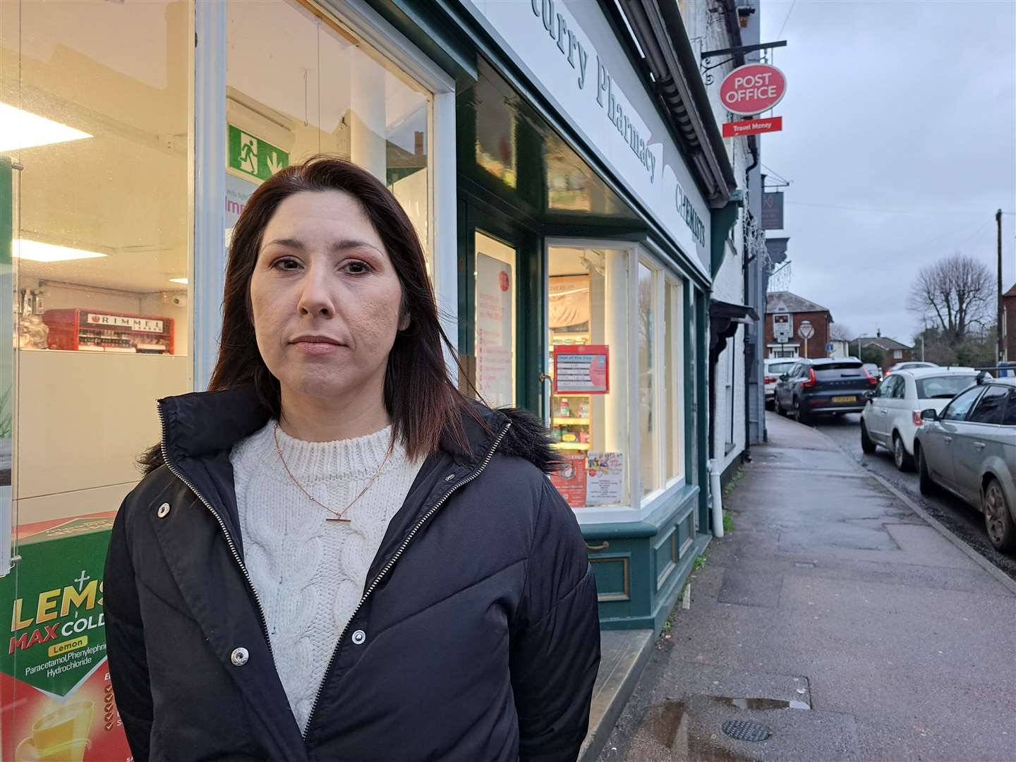 Cllr Louise Harvey-Quirke outside the Paydens chemist in Sturry, near Canterbury