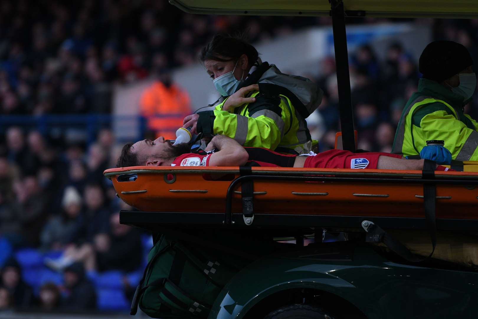 Gillingham's Danny Lloyd is taken off the pitch at Portman Road Picture: Barry Goodwin