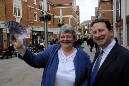 Kathleen Mann receives her Countdown to Meltdown prize from Whitefriars centre manager Peter Scutt