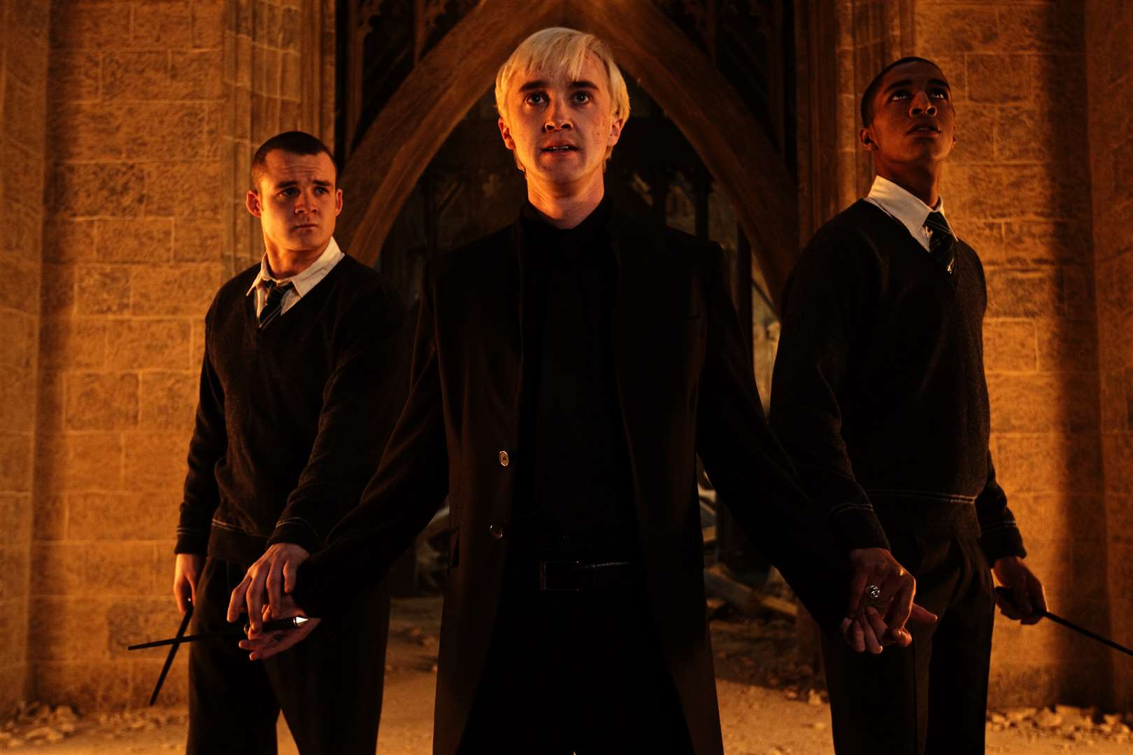 Josh Herdman (left with Draco Malfoy (Tom Felton) and Blaise Zabini (Louis Cordice) in Harry Potter. Picture: Warner Bros. Ent, Harry Potter Publishing Rights