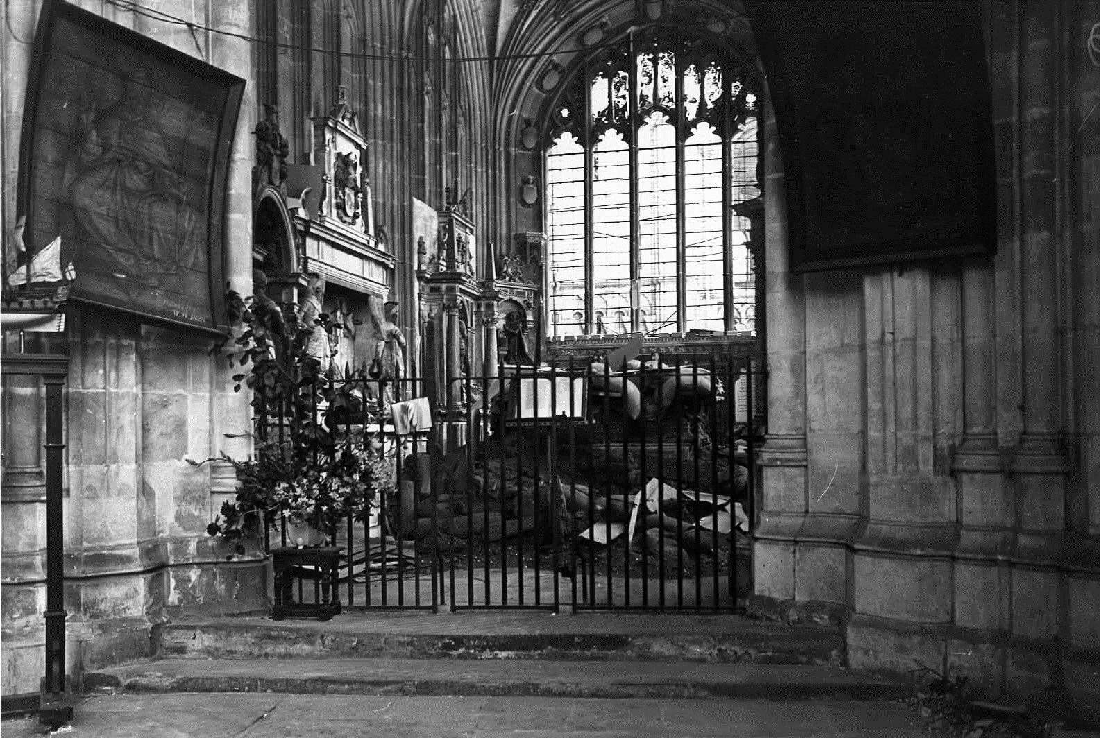 Damage in the Warriors Chapel of Canterbury Cathedral caused on June 1