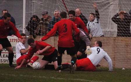 Goalmouth action from the Kent derby between Chatham and Dover