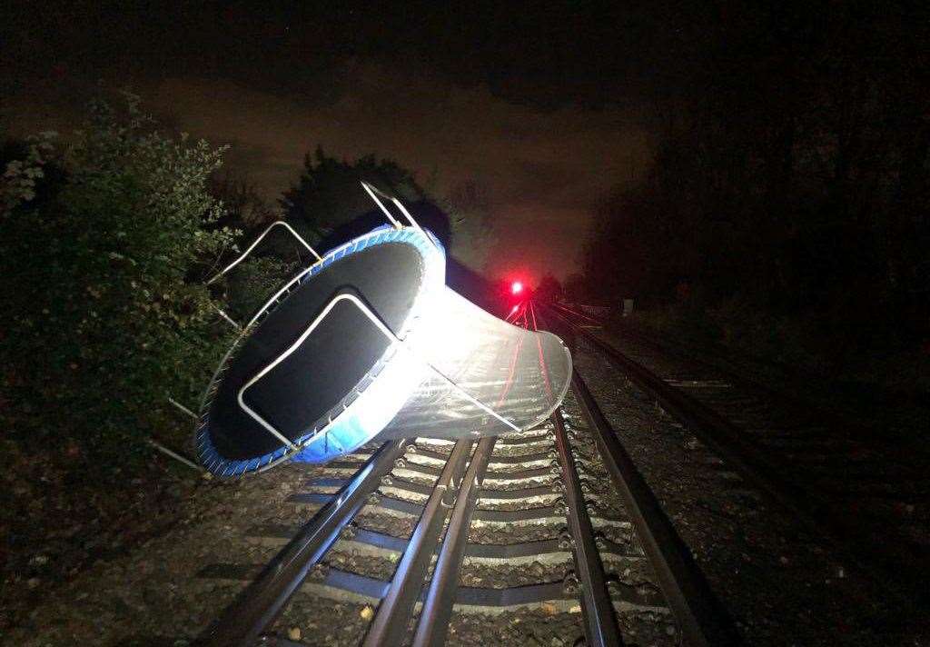 A trampoline blocked the train line near Rainham this morning amid Storm Isha. Picture: Network Rail Kent and Sussex