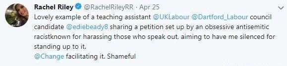 Laura Edie has deleted tweets in which she shared a petition which claims Rachel Riley is using her celebrity profile to smear The Labour Party & Jeremy Corbyn (9384786)