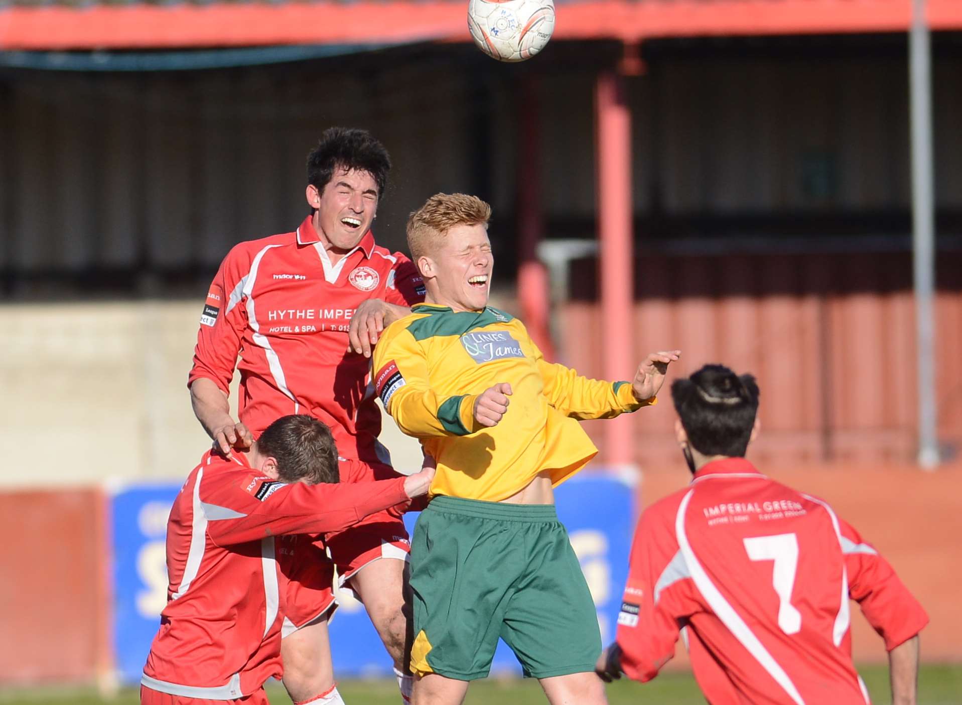 Laurence Harvey wins this header for Hythe against Horsham Picture: Gary Browne