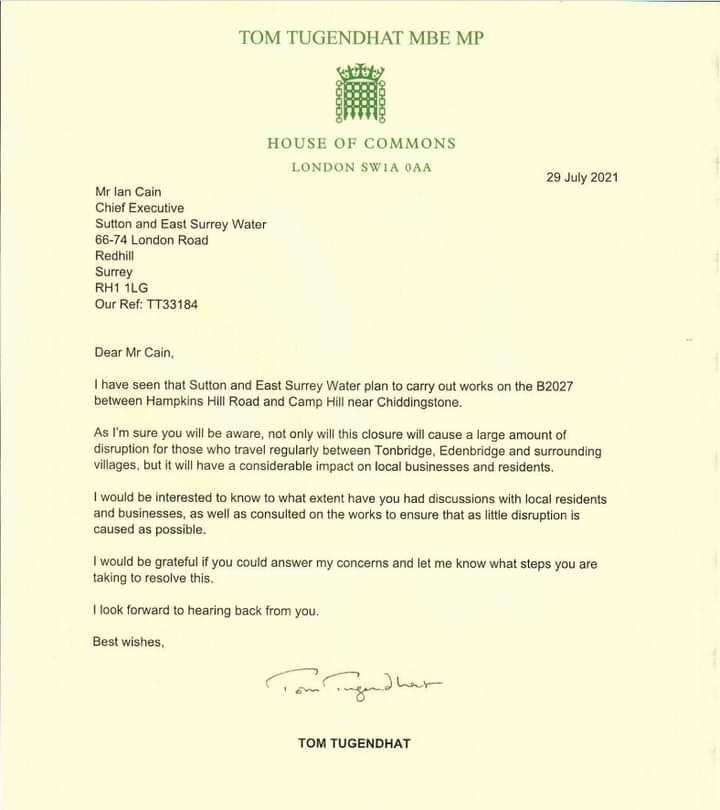 MP Tom Tugendhat has written to the water company's chief executive