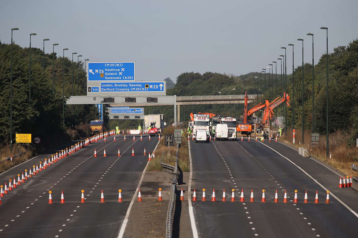 The scene on the M20 today, London-bound as work takes place to demolish the collapsed bridge. Picture John Westhrop